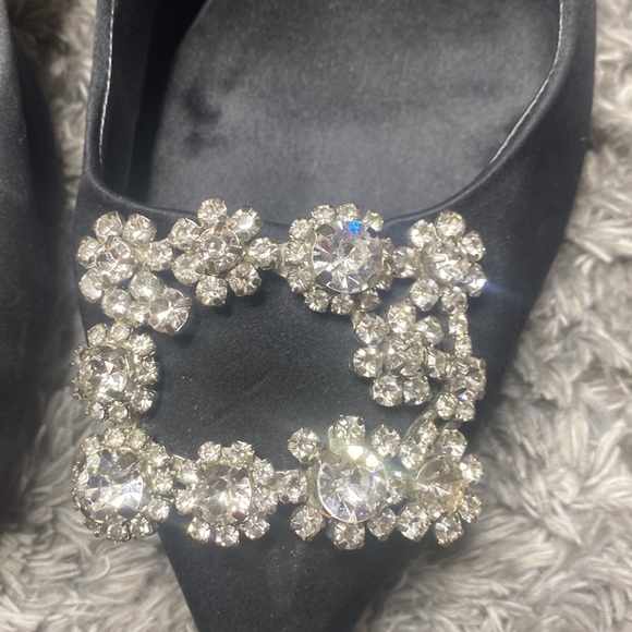 Roger Vivier Black Satin Floral crystal strass sling back heels 38 - Picture 3 of 13